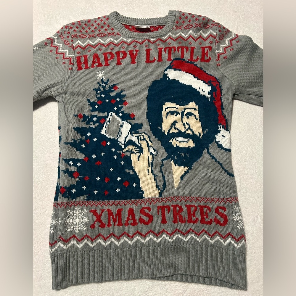 Bob Ross Christmas Sweater Happy Little Xmas Trees Mens Ugly Gray Red SZ Small